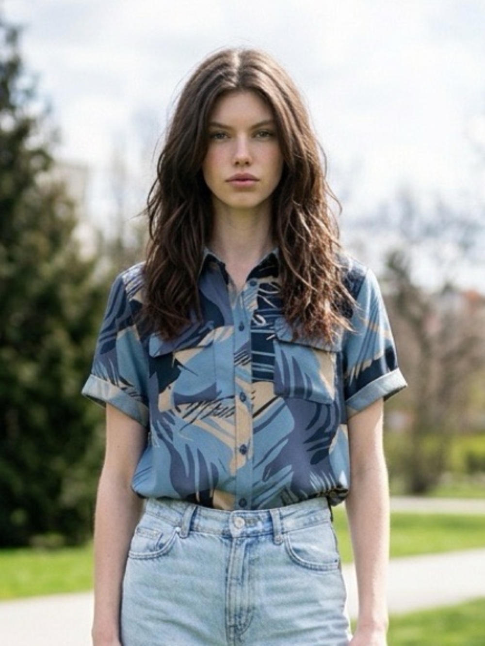 Equipment Femme Slim Signature Short-Sleeve Silk Shirt, Blue Graphic, Size M